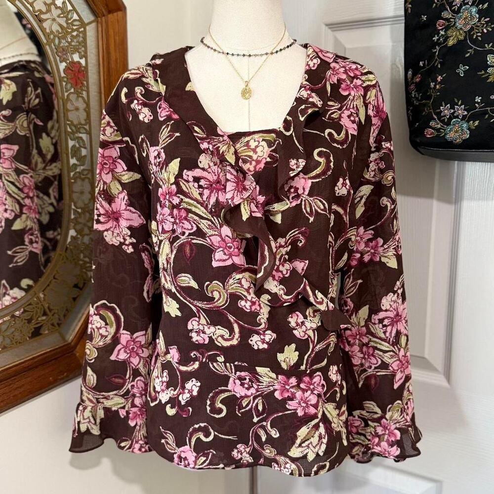 VTG Y2K Emma James Sheer Dark Brown Pink Floral Ruffled Bell Sleeve Wrap Top Set
